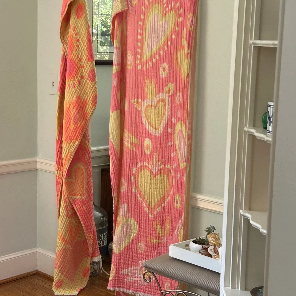 SET Pink Yellow Heart Patterned Curtain Set of 2 Organic Cotton Loom Weave NEW